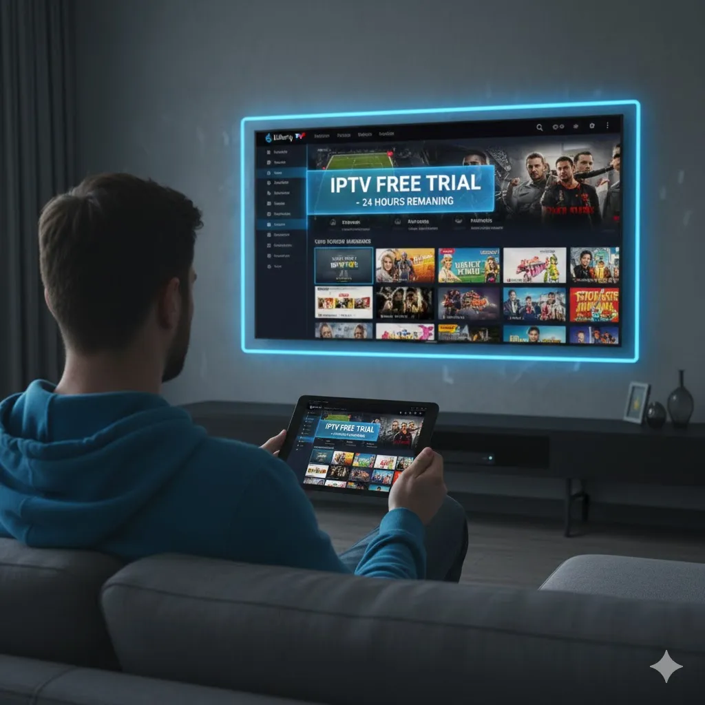 A high-tech home cinema setup displaying the activation screen of an IPTV Free Trial for 2026.