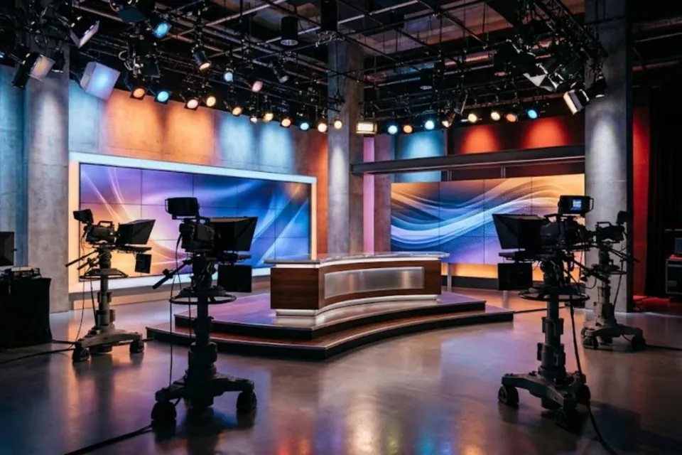 Live TV studio with cameras, an anchor desk and video walls