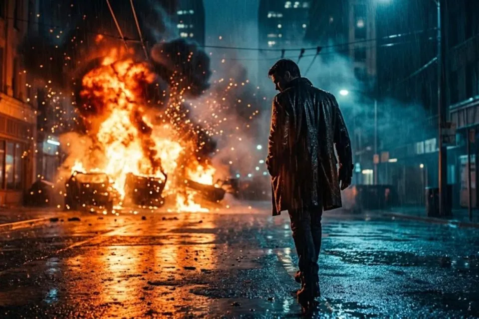 Man in a long coat walking away from an explosion on a rainy street at night