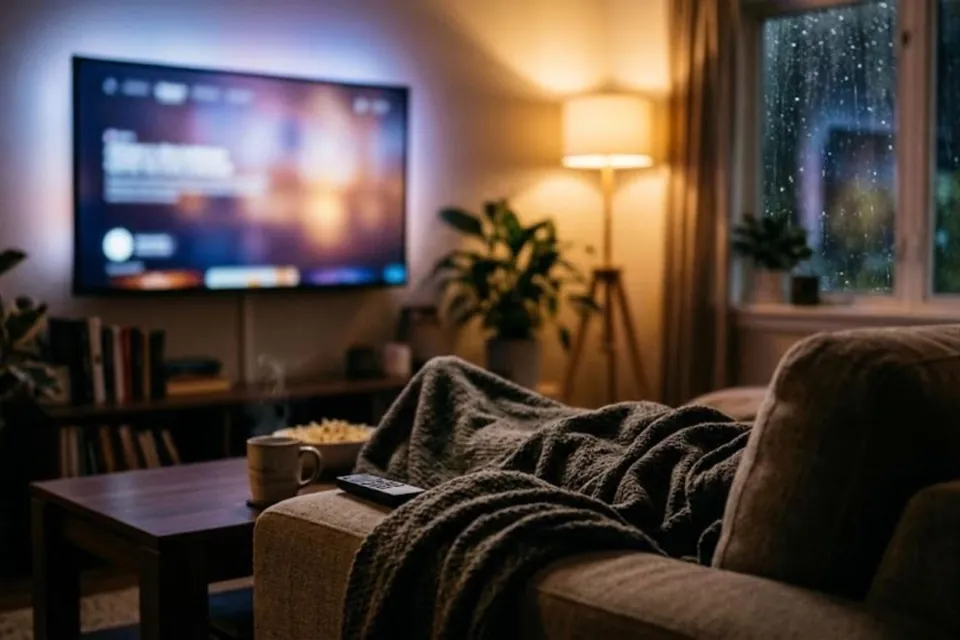Cosy sofa with a blanket and a mug of tea in front of a glowing TV on a rainy night