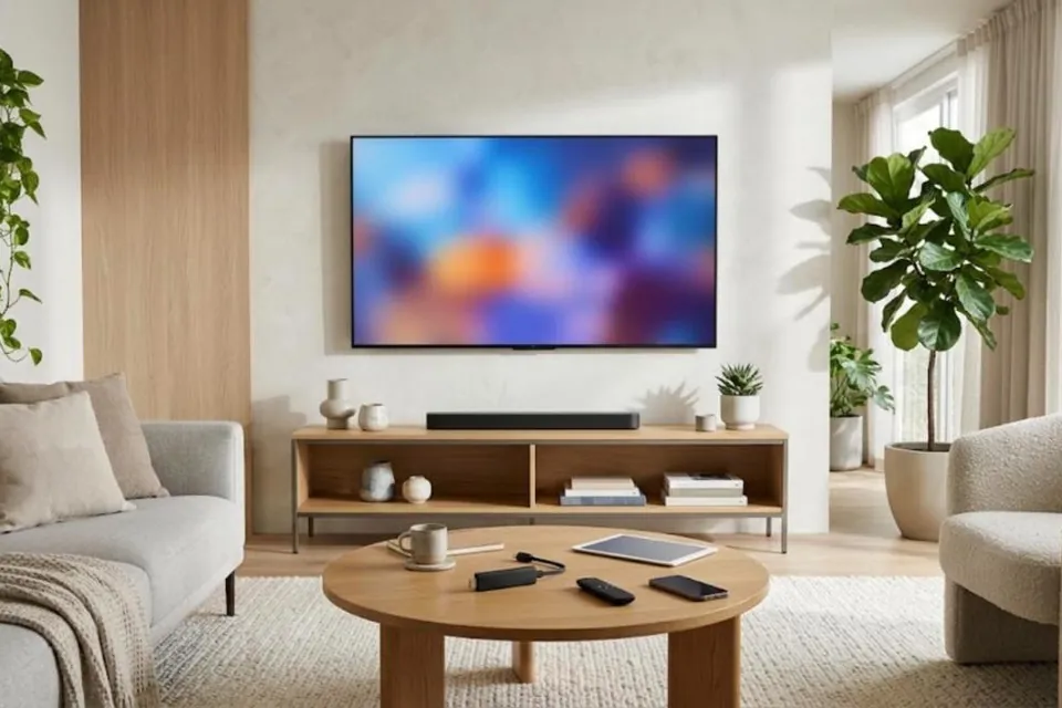 Bright living room with a wall-mounted TV, and a streaming stick, remote, tablet and phone on the coffee table