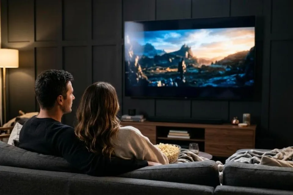 Couple on a sofa watching a film on a large wall-mounted TV