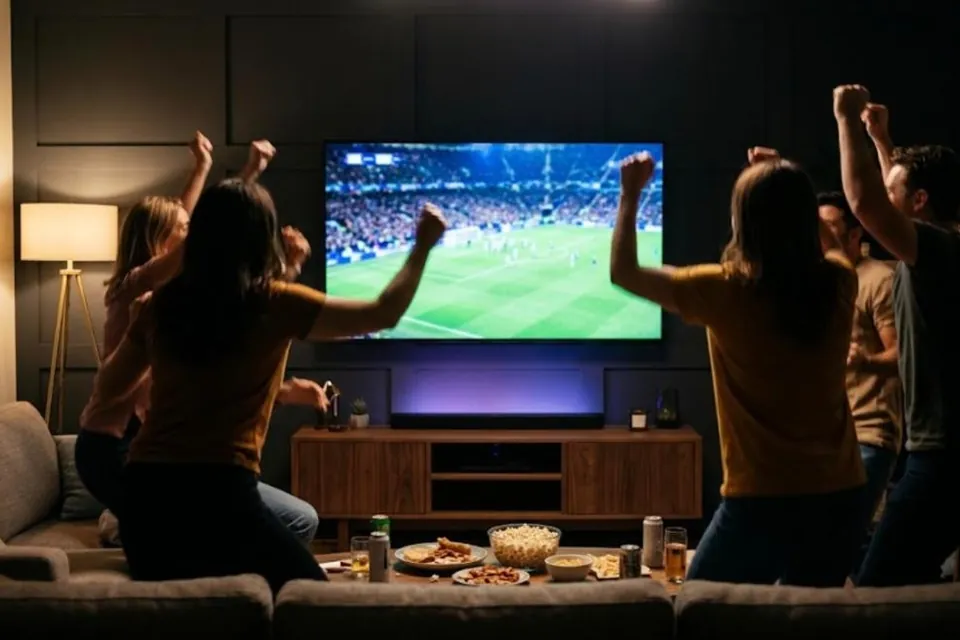 Friends cheering in front of a TV showing a football match