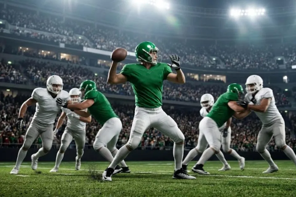 Quarterback in green about to throw under stadium lights