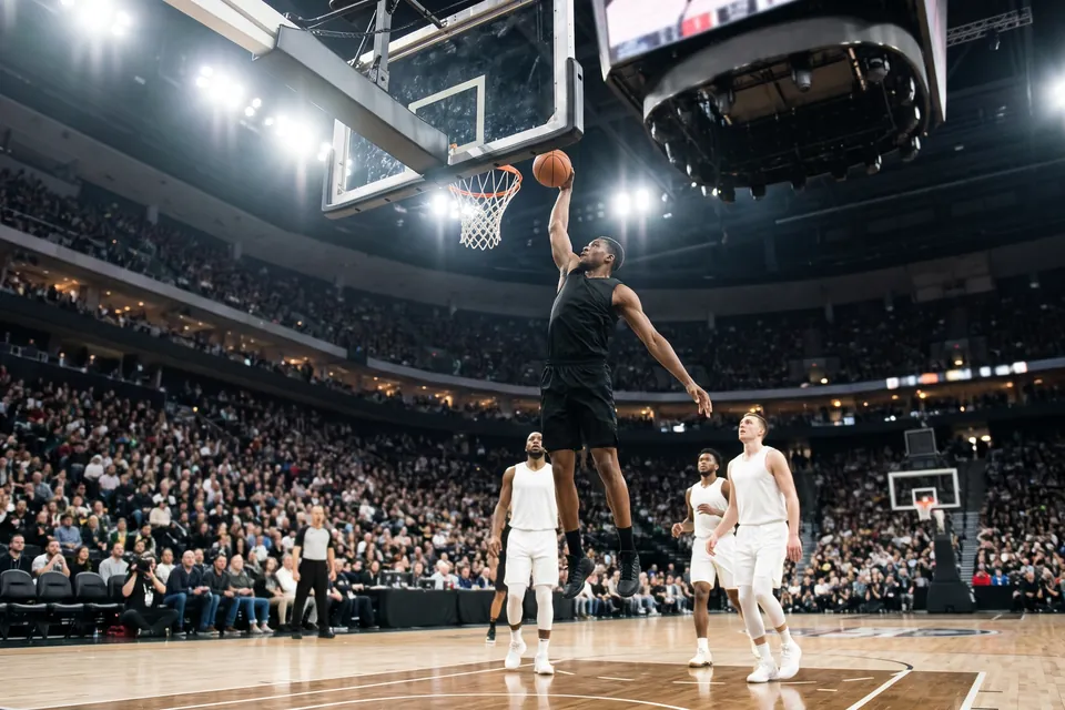Basketball player dunking in a packed indoor arena