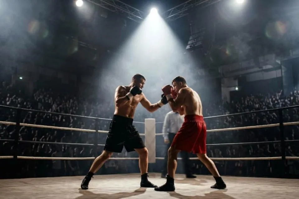 Two boxers trading punches in a ring under a spotlight