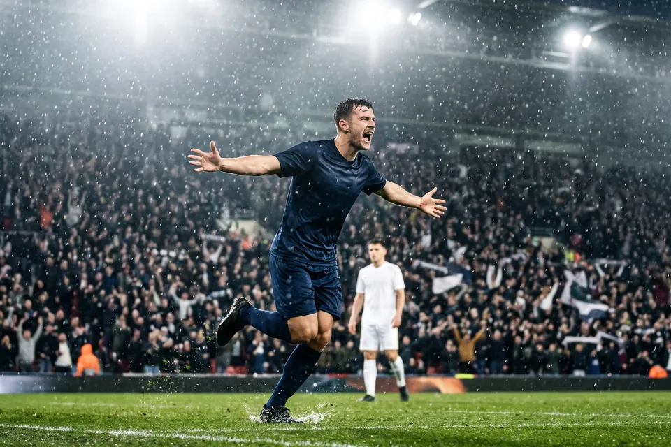 Footballer in a dark-blue kit celebrating a goal in the rain