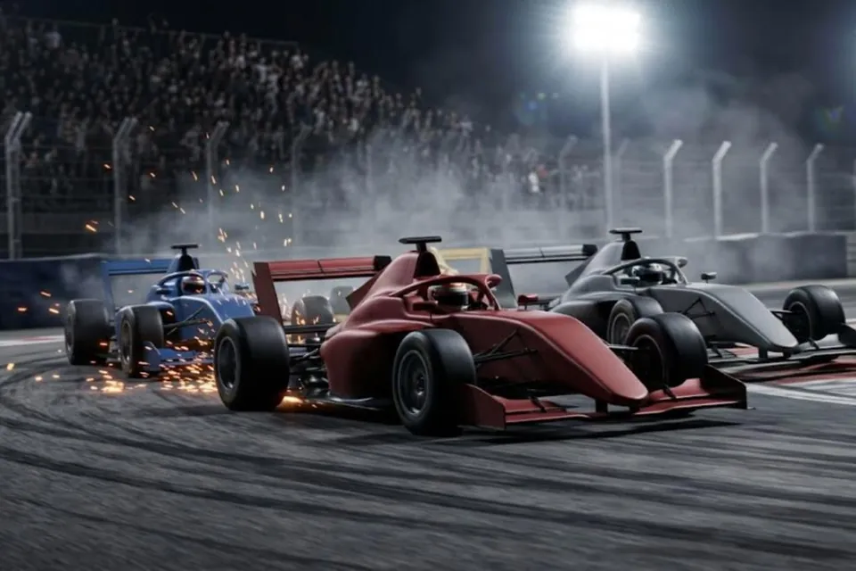 Single-seater race cars battling through a corner at night with sparks flying