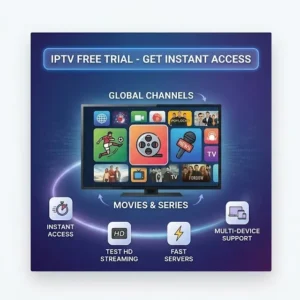 graphic for an IPTV free trial featuring a television screen displaying a grid of diverse content icons,