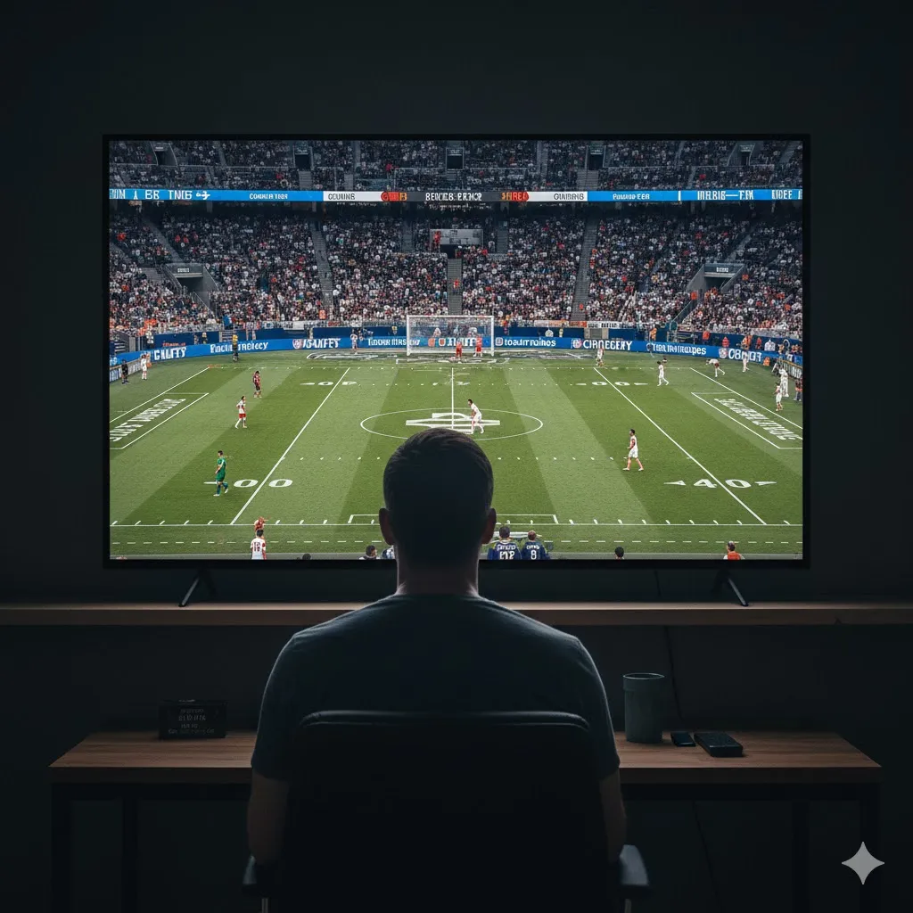Man watching multiple sports events including NFL and NBA on a large TV screen, highlighting the best IPTV service for sports.